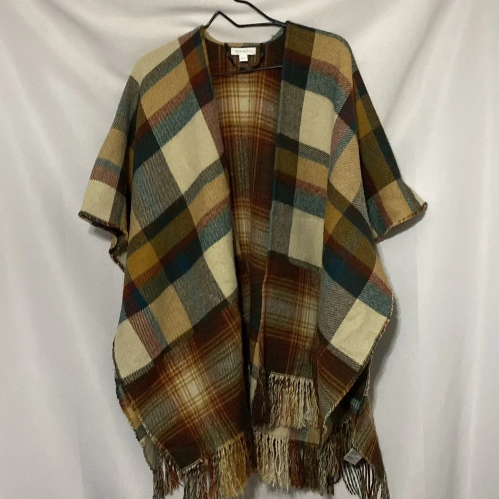 Charter Club One‎ size Multicolor Plaid Fringe Wrap BUTTON AT SIDES FALL COLORS